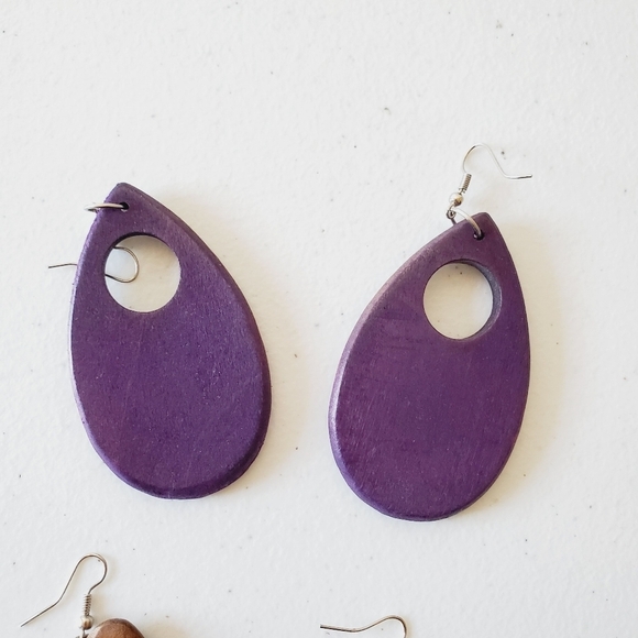 Two Pairs of Chunky Wooden Dangle Earrings Oversized Dangle Boho Retro - Picture 9 of 14